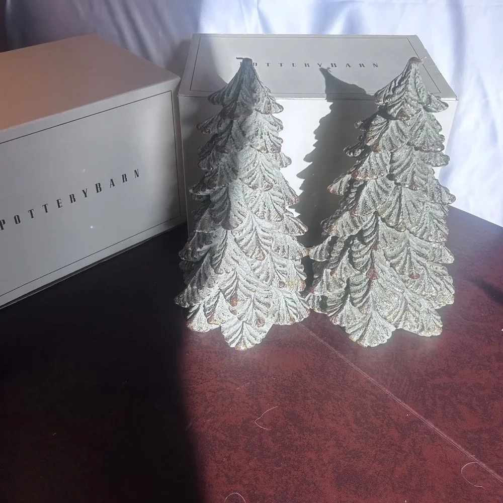 Pottery Barn Large Icy Tree Candle Set of 2 Christmas Decor Frosted Green 11